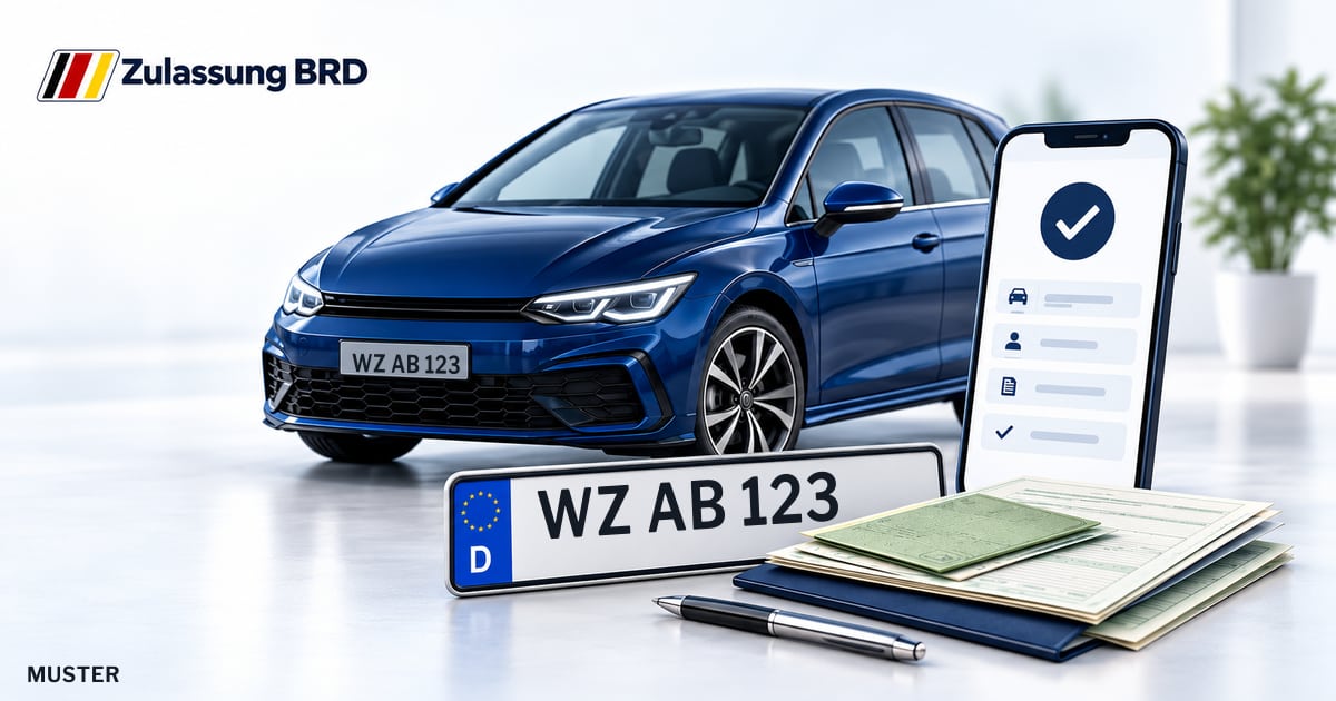 Online Fahrzeugzulassung in Solms: Musterkennzeichen WZ AB 123, Auto und Fahrzeugpapiere und Smartphone. Illustration mit Logo von Zulassung BRD.